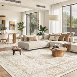 Madane 8x10 Area Rugs for Living Room, Machine Washable Vintage Rug with Non-Slip Backing, Soft Floral Print Large Throw Rugs, Thin Carpet for Bedroom Dining Room Farmhouse (8 x 10, Wood/Ivory)