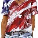American Flag T Shirt Women USA Star Stripes Fourth July Tee Shirts Casual America Flag Print V Neck Tee Tops