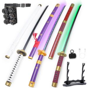 RENGENG Light Up Sword, 40 Inches Rechargeable Pre-Assembled Plastic Replica Anime Sword with Belt & Stand & Spinner (3 Piece-kitetsu+enma Purple+wado Ichimonji)