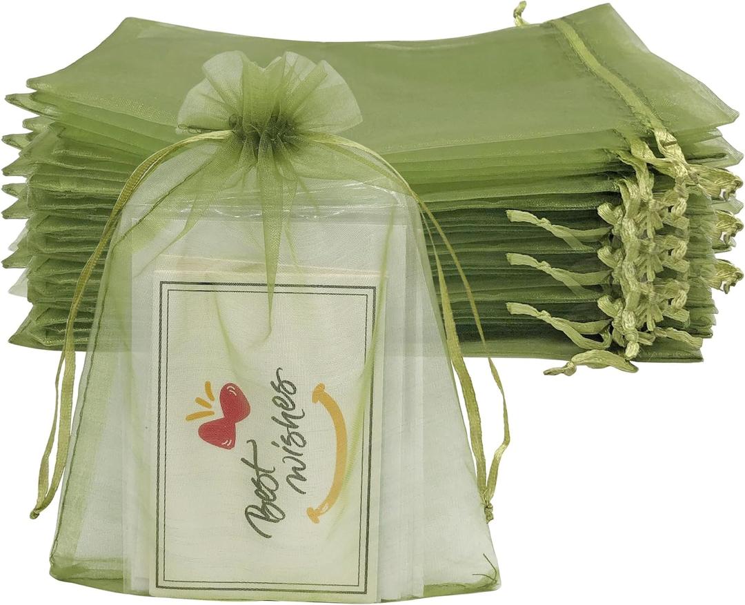 Jexila 100PCS Organza Bags 4''X6'' Olive Green Small Mesh Gift Bags with Drawstring for Jewelry, Party Favor, Candy, Fruit Protection Bags