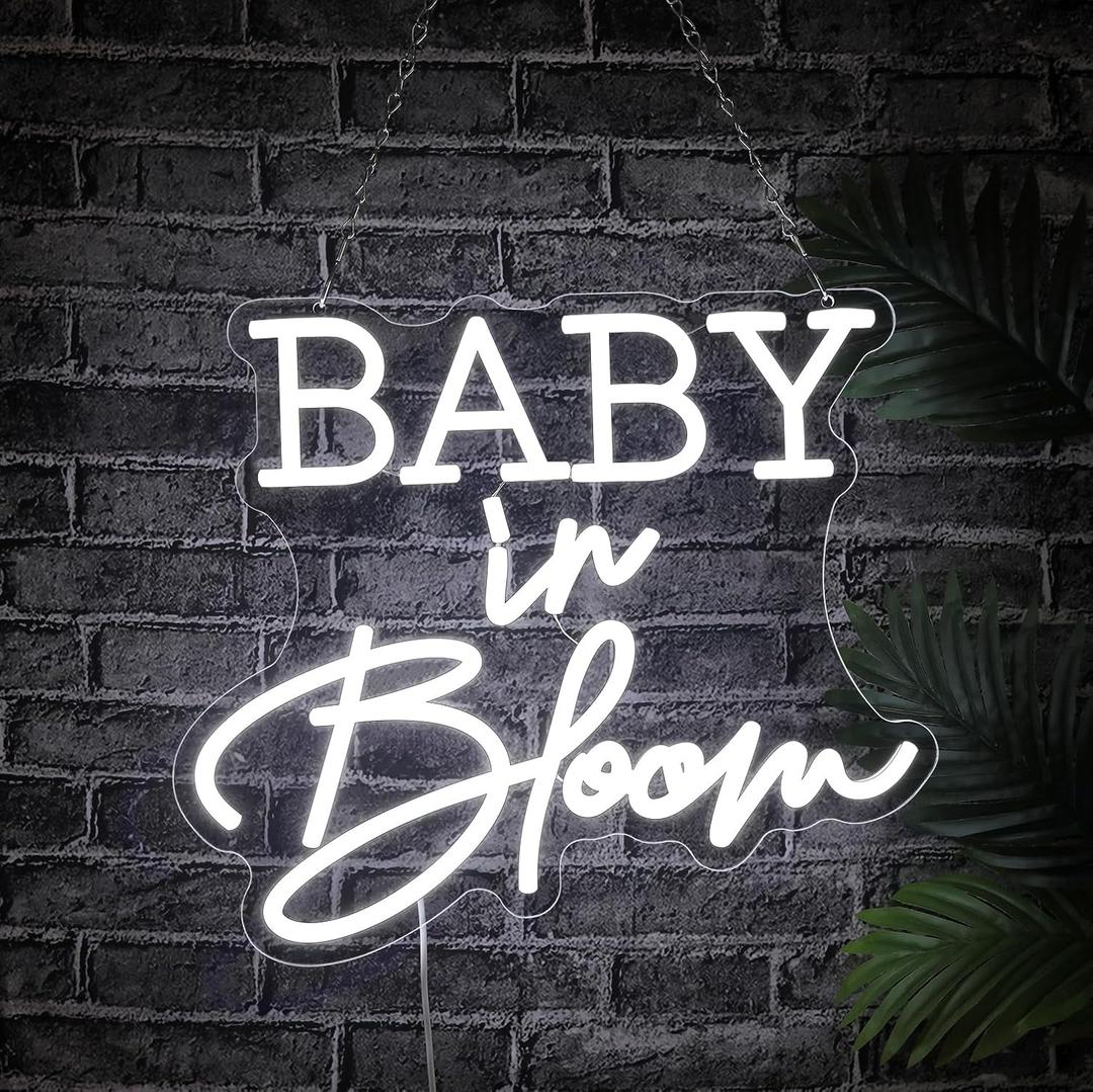 Baby in Bloom Neon Sign for Baby Shower Decorations,14.4''X12.5'' White Dimmable LED Neon Lights Sign,USB Powered Light Sign for Girl Boy Babys Room Wall Decor Birthday Party Backdrop