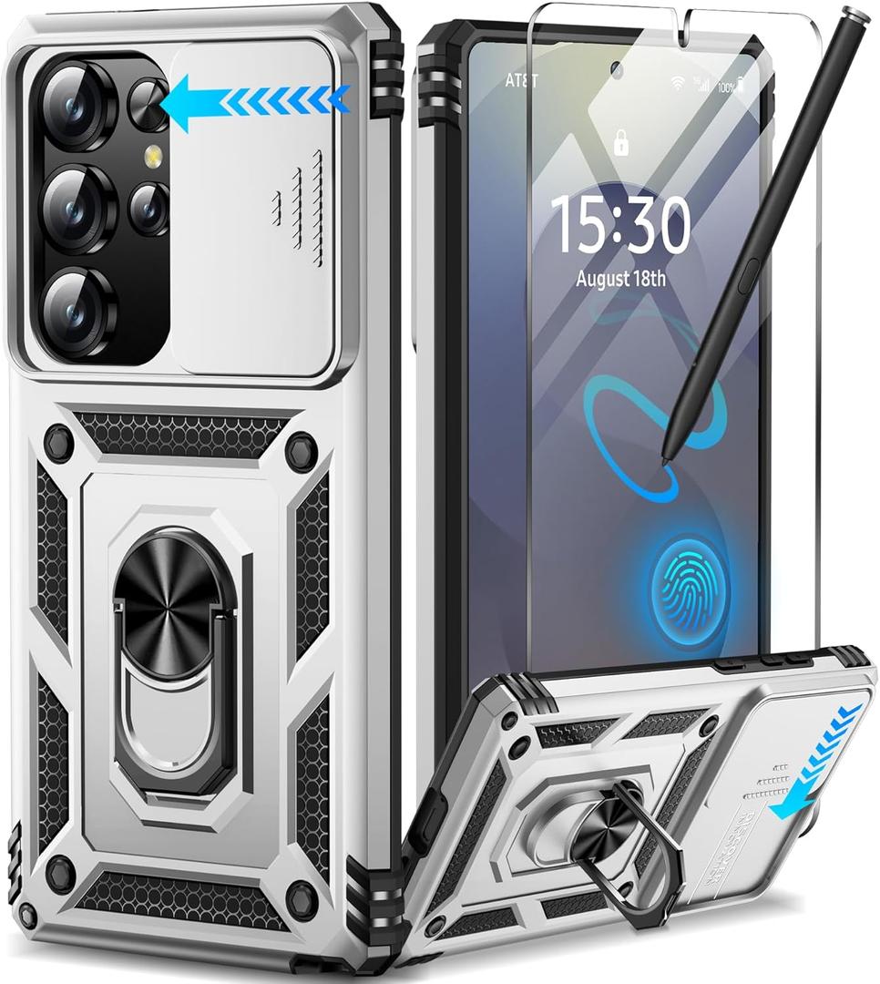 Taisairu for Samsung Galaxy S25 Ultra Case with Screen Protector & Slide Camera Lens Cover, Built-in Magnetic Ring Stand Shockproof Protective Phone Case for Samsung S25 Ultra Case (Silver)