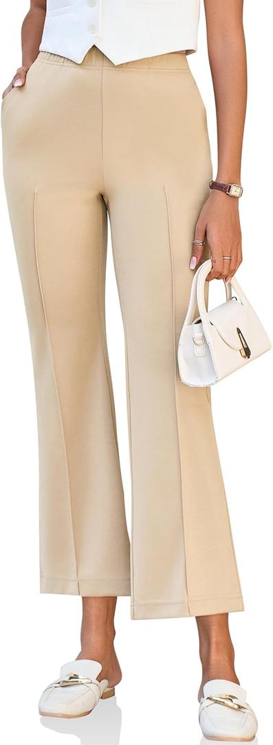 Cicy Bell Womens Flare Capri Pants Elastic High Waisted Cropped Dress Pants Trousers Stretchy Work Slacks (Beige, L)