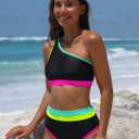 popvil Women's One Shoulder Swimsuit : Neon 2 Piece High Waisted Bikini Sets Cute 2026 Color Block Bathing Suit (S)