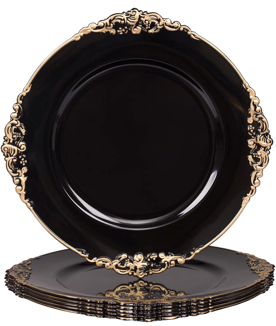 MAONAME Black Charger Plates with Gold Rim, Round Antique Plate Chargers for Dinner Plates, 13" Plastic Charger for Wedding Table Setting, Set of 6