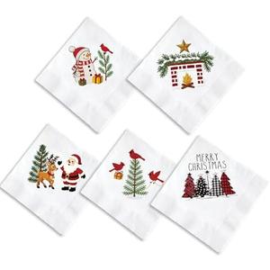Christmas Cocktail Napkins – 100 Pack, 5 Festive Designs Holiday Napkins with Santa, Snowman, Trees, Cardinals, Reindeer – 2-Ply Disposable Paper for Xmas Party, Winter Events – 5 Inch