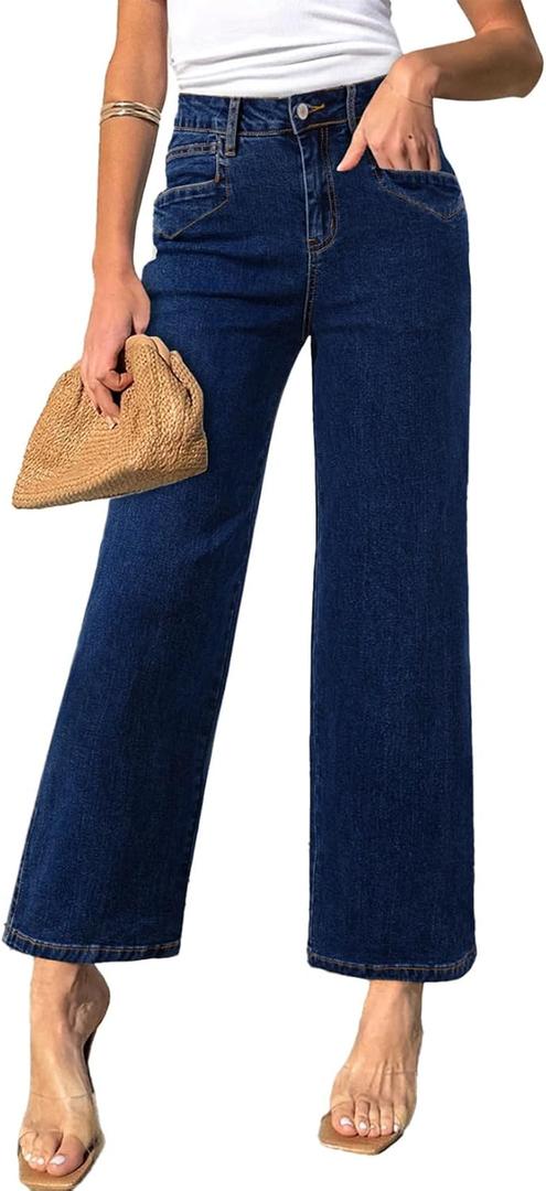 Sidefeel Women's Straight Leg Jeans High Waisted Petite Stretchy Jeans Zimbaplatinum Wide Leg Ankle Denim Pants with Pockets (6, Dark Blue)