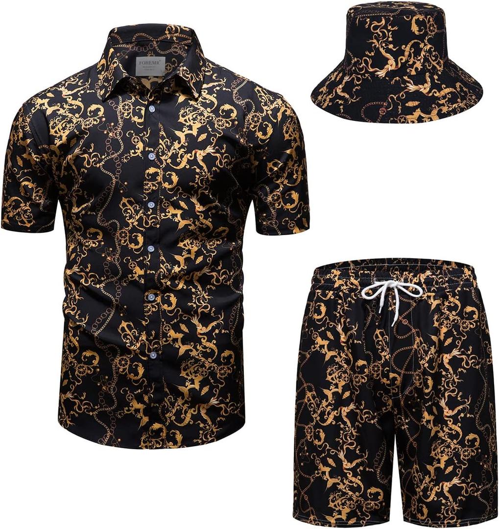 Mens Luxury Outfit Set Black Gold Shirts And Shorts 2 Piece Tracksuit Set Baroque Button Down Suit with Bucket Hats (Medium)