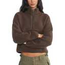 Keeliya Womens Fleece Sweatshirts Cropped Half Zip Fuzzy Warm Sherpa Pullover Varsity Jackets with Zipper Pockets(Brown,S)
