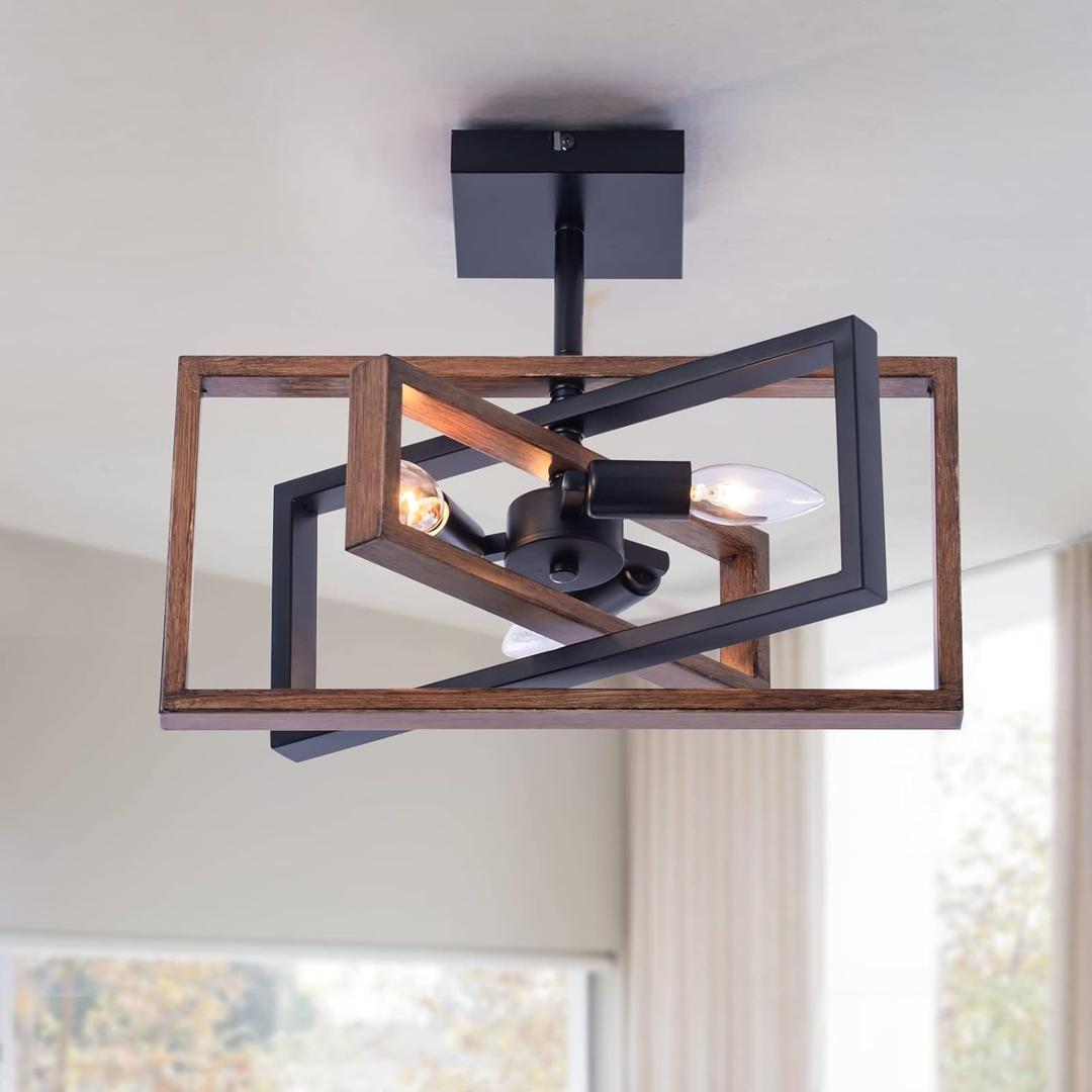 Industrial Rectangle Flush Mount Ceiling Light,Rotatable Metal Frame,Rustic Retro Vintage Farmhouse Light Fixture for Dining Living Room Bedroom Passway Kitchen Hallway Entryway,Faux-Wood Color Finish