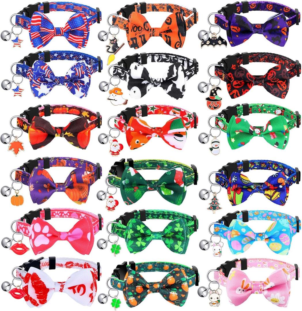 Kacctyen 18 Pcs Patriotic Cat Collars Bulk Easter Holiday Cat Collars with Bow Tie 4th of July Decoration Kitty Breakaway Adjustable Pet Kitten Bowtie Decor(Medium)