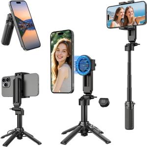 Magnetic Mini Selfie Stick for iPhone, 4 in 1 Portable Pocket Size Tripod for iPhone MagSafe/Android with Remote/Cold Shoe Mounts, Small/Compact Cell Phone Tripod Stand for Desk Travel Vlogging-Black