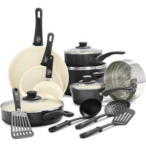 GreenLife 16 Piece Nonstick Cookware Set, Soft Grip Non-Toxic PFAS-Free Ceramic Pots & Pans, Dishwasher & Oven Safe, Frying, Sauce, Utensils, Glass Lids, Stay-Cool Handles, Wobble Free, Black & Cream