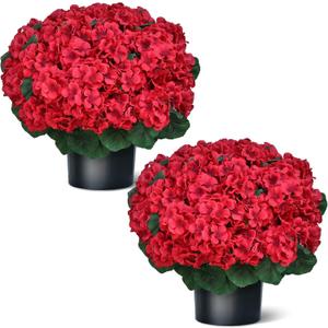 18" Artificial Geraniums Topiary - 2 Set for Front Porch Decor,Faux Silk Flowers Bushes UV Resistant Potted Plants for Outdoor Indoor Door Offices Garden Farmhouse Home Decor (Red)