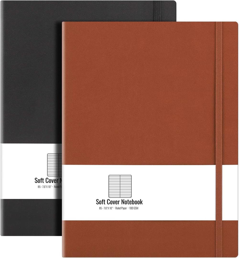 B5 College Ruled Notebook Softcover Journals (2-Pack)- AHGXG Large Composition Notebook 7.6 x 10 inch with Thick 100gsm Lined Paper, Total 408 Numbered Pages, Black Brown