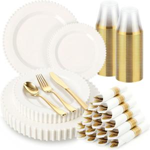 175pcs Plastic Dinnerware Set,Ivory Fancy Beaded Plastic Plates for 25 Guests Include 50 Elegant Plastic Plates,75 Plastic Silverware Set,25 Cups and 25 Pre Rolled Napkins for Father's Day