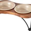 Ceramic 5.5-inch Raised Double-Bowl Set with Non-Slip Stand, 1 Cup Food or 9.5oz Water Dishes for Puppies and Cats, Wide Opening with Rounded Edges(Oat Beige)