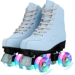 Comeon Roller Skates for Women PU Leather Roller Skates High-Top Leather for Beginners Teens for Woman,Girls and Boys,Adult (34=US 5.5, Light Blue Flash)