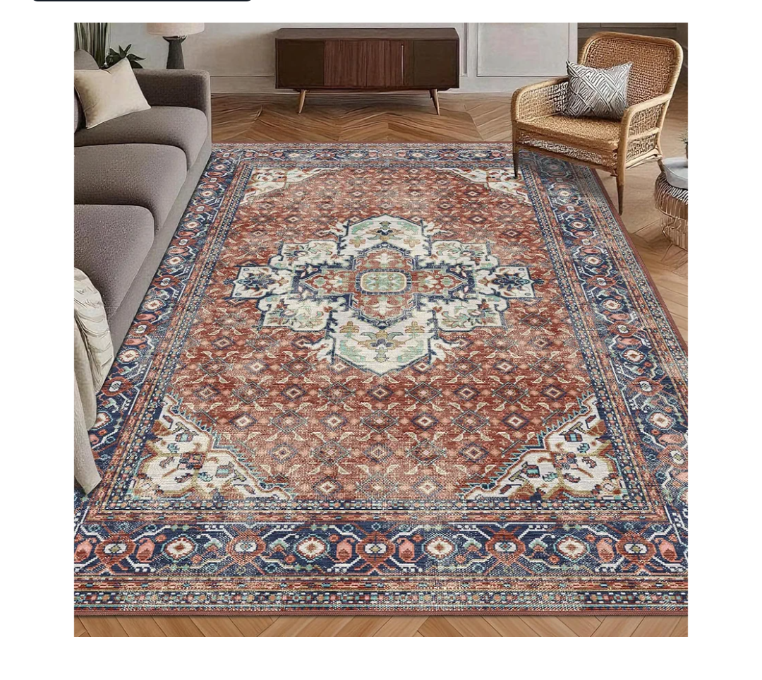 Washable Area Rug 5' x 7' Vintage Traditional Persian Mat - Foldable Distressed Non-Slip Machine Washable Carpet for Living Room Bedroom Kitchen Home Decor - Terracotta and Navy
