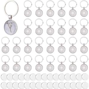 DICOSMETIC 30 Sets Keychain Pendant Tray 25mm/0.98" Round Trays Cabochon Bezel Keychain Platinum Alloy Photo Frame Keychains Blanks Pendant Bezel with Keyring for Resin Personalized Crafting