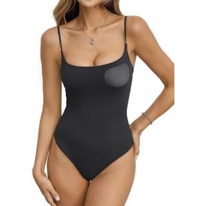 EasyGala Womens Double Lined Built in Bra Bodysuits Tank Tops Sexy Square Neck Camisole Summer Backless Thong Body Suits, Black, Small