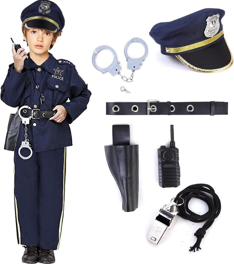 Acekid Police Costume for Boys Halloween Police Officer Costume for Kids (M(8-10))