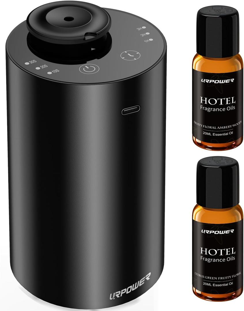 URPOWER Waterless Essential Oil Diffuser: No Water Needed Battery Operated Scent Diffuser - 2 * 20ML Hotel Fragrance Essential Oils - Cordless & Mini Oil Machine Aluminum for Car Home Office(Black)
