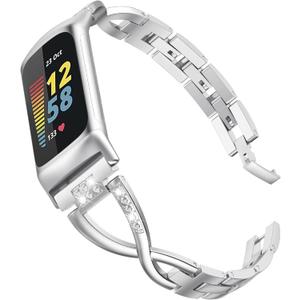 Wearlizer Compatible with Fitbit Fitbit Charge 6/Charge 5 Bands for Women Metal Replacement Cute Band Strap with Bling Rhinestone Bracelet Bangle for Fitbit Charge 6/Charge 5, Silver Wearlizer Compatible with Fitbit Fitbit Charge 6/Charge 5 Bands for Women Metal Replacement Cute Band Strap with Bling Rhinestone Bracelet Bangle for Fitbit Charge 6/Charge 5, Silver