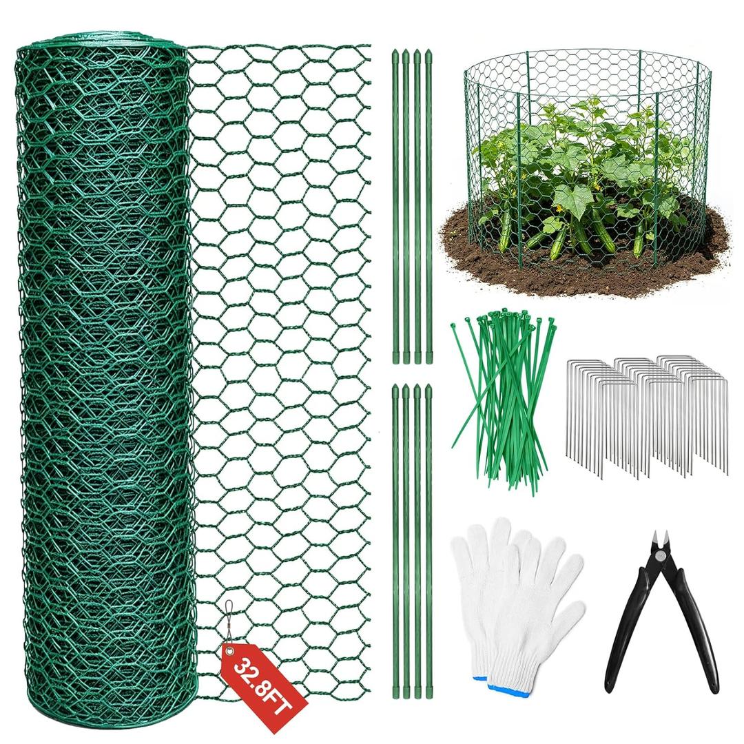 Plant Protectors from Animals, 32.8FT x 16IN Wire Plant Cage, 0.85mm Thick Vinyl Coated Garden Fence Kit with Stakes & Zip Ties, DIY Plant Guard for Rabbits, Squirrels, Deer, Vegetable Garden