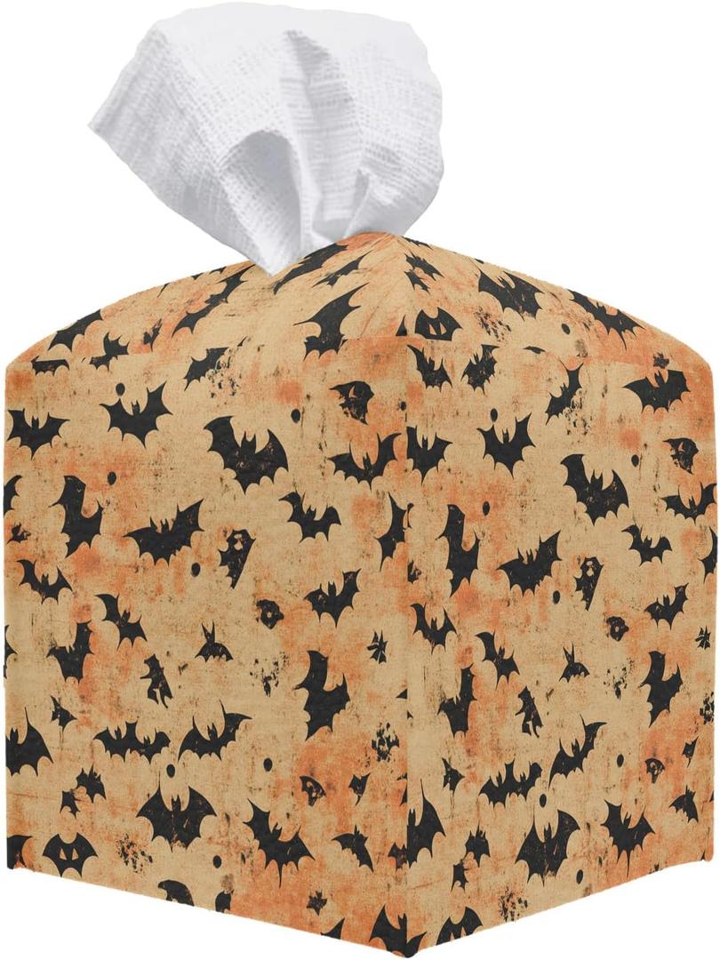 Halloween Bats Leather Tissue Box Cover, Tissue Box Cover Square, Decorative Facial Paper Organizer for Bathroom, Vanity, Home Office Car Decorations - A04
