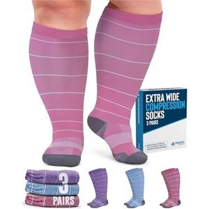 (XL)Doctor's Select 3 Pairs Plus Size Compression Socks Wide Calf  | 20-30 mmHg Compression Socks for Women Wide Calf | Blue, Pink, Purple (Stripes)