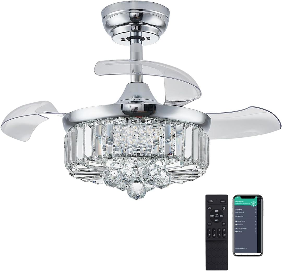 DuMaiWay 30" Chandelier Ceiling Fan with Light Crystal Modern Fandelier Reversible Ceiling Fan Dimmable Retractable Timer for Bedroom Dining Living Room Sliver Chrome (Silver)