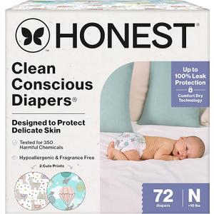 The Honest Company Comfort Dry Disposable Diapers for Sensitive Skin, Hypoallergenic, Above It All + All the Alpacas, Club Box Size Newborn 72 Count