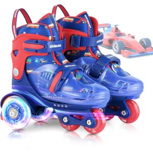 Kids Roller Skates for Beginners - ZOOBLISS Toddler Roller Skates for Boys and Girls Ages 3-7 with Light-Up Wheels & 4 Adjustable Sizes, Tri-Wheel Training Skates for Kids (XS-Small(8C-10.5C US), Racing Blue)