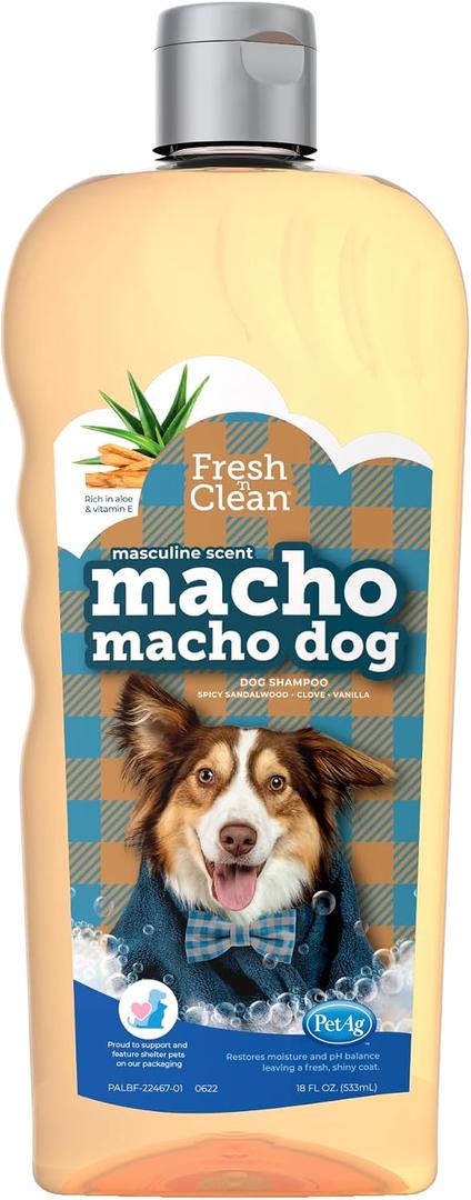 PetAg Fresh n Clean Macho Macho Dog Shampoo - 18 oz - Masculine Scent - Moisturizes with Vitamin E & Aloe Vera - Strengthens & Repairs Coats - Soap Free