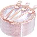 I00000 72 Pcs Rose Gold Dessert Plates 7.5" & 72 Pcs Disposable Forks 7.4", Lace Design Plastic Salad Valentine Plates, Plastic Appetizer Plates for all Holidays Perfect for Party & Wedding