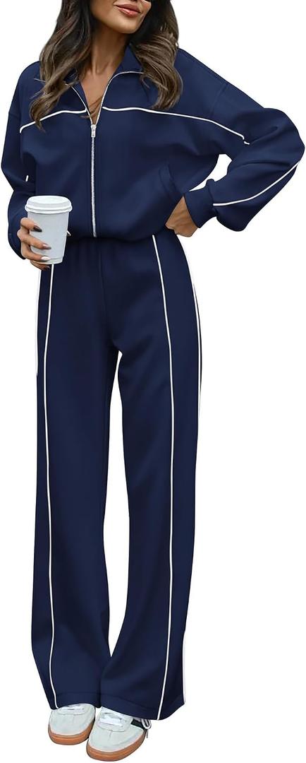 BTFBM Women's Two Piece Tracksuit Spring 2026 Long Sleeve Zip Up Sweatshirt Long Pants Outfits Jogger Sweatsuit Sets(Navy Blue, Medium)