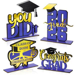 4 Pcs Blue and Gold Graduation Decorations Class of 2026 Congrats Grad Centerpieces Mirrored Wooden Table Sign for High School College Photo Booth Props Graduations Party Favors