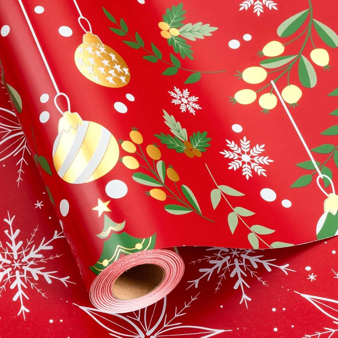 Retrify Red Wrapping Paper Roll - Metallic Gold Foil Bells, Berry and White Snowflake Mini Roll Gift Wrap Paper for Christmas New Year Festive Decoration - 17 Inches x 32.8 Feet