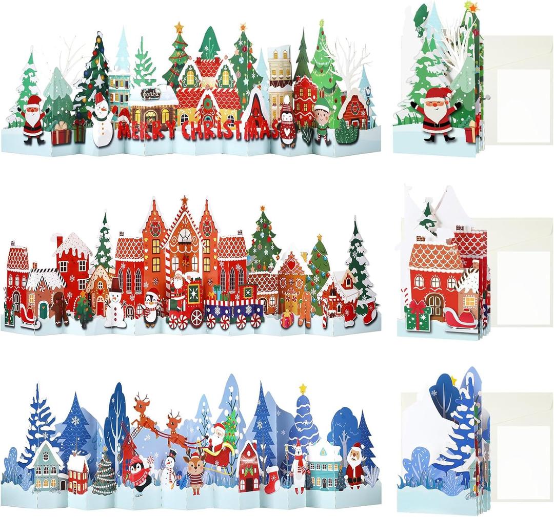 3 Pcs Pop up Christmas Card 3D Greeting Cards Includes Envelope and Note Tag 3.3 ft Long Greeting Cards for Decorated Christmas Holiday Gift