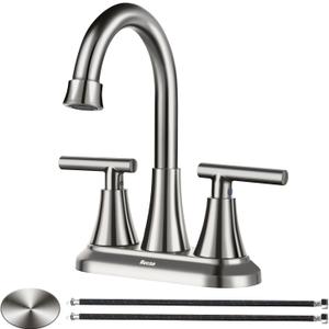 4 Inch Bathroom Faucets for Sink 3 Hole, Faucet for Bathroom Sink with Pop-up Drain & Supply Hoses, 2-Handle 360 Swivel Spout Stainless Steel Lead-Free, Centerset Faucet for Vanity Lavatory (Brushed Nickel)