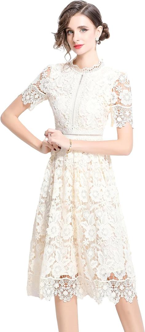 LAI MENG FIVE CATS Women's Short Sleeve Elegant Floral Lace Cocktail Party Swing Midi Dance Dress (XS)
