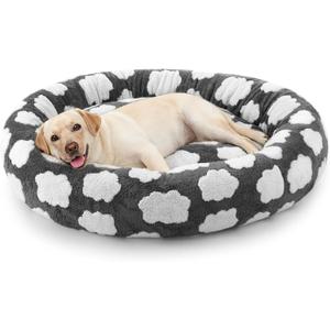 JOEJOY Donut Large Dog Bed, Cute Round Calming Dog Bed with Removable Washable Cover, Orthopedic Pet Beds with Jacquard Shaggy Plush & Non Skid Bottom, Black (Grey)