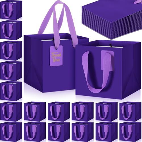 Windyun 50 Pcs Mini Paper Gift Bags with Handle 6 x 6 x 6'' Square Small Favor Bag with DIY Thank You Tag for Christmas Birthday Wedding Bridal Shower Bridesmaid Graduation Party (Purple)