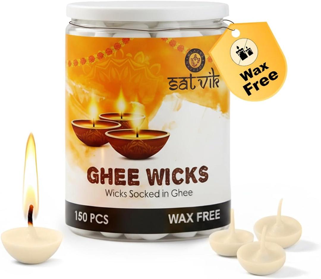 SATVIK Pack of 150 Pure Ghee Wicks for Puja | Ready-to-Use Diya Batti | 30-Min Burn Time | Wax-Free Cotton Wicks | Ideal for Pooja, Meditation, Diwali, and Housewarming Gifts