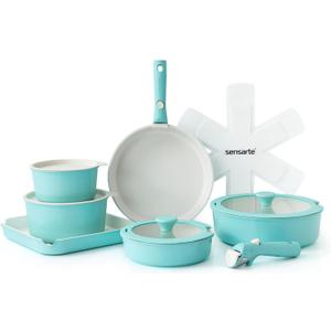 SENSARTE 17 Piece Ceramic Pots and Pans Set, Nonstick Detachable Handle Cookware, Induction Kitchen Cookware Set with Removable Handle, Dishwasher  Oven Safe, PFAS/PTFE/PFOA Free (Turquoise)