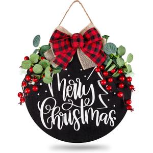 Whaline Christmas Wooden Hanging Sign Door Decoration Wreath Merry Christmas Welcome Sign Black Front Door Wreath with Buffalo Plaid Bow Eucalyptus Berries for Home Indoor Outdoor Decoration