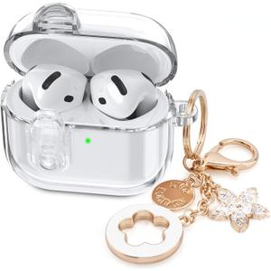 (with Safety Lock) Clear Case Compatible with Cute Apple Airpods 4 Cases 2024 Women, VISOOM Soft TPU Transparency Air pods 4 Gen Case iPods 4 Earbuds Case Girl Bling Keychain for Airpod iPod 4th Gen