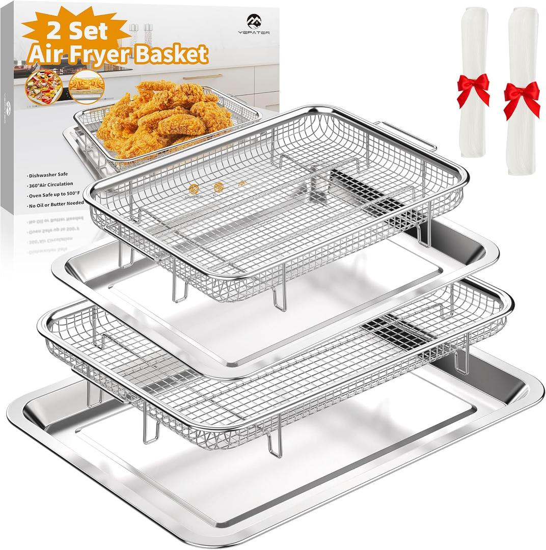 Air Fryer Basket for OvenYEPATER 2 Set Stainless Steel Air Fryer Tray and Pans for Oven,Air Fryer Pan with Crisper Tray for Baking Grilling Cooking and Frying (15.6" x 11.6" & 12.8" x 9.6")