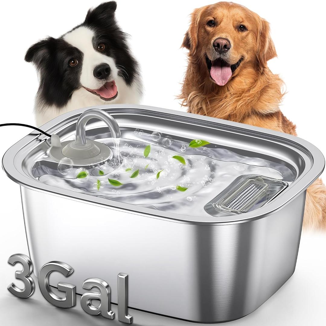 3Gal/11L Dog Water Fountain, Stainless Steel Large Automatic Pet Water Dispenser, Ultra-Quiet Leak-Proof Drinking Bowl for Big Dogs & Multiple Pets